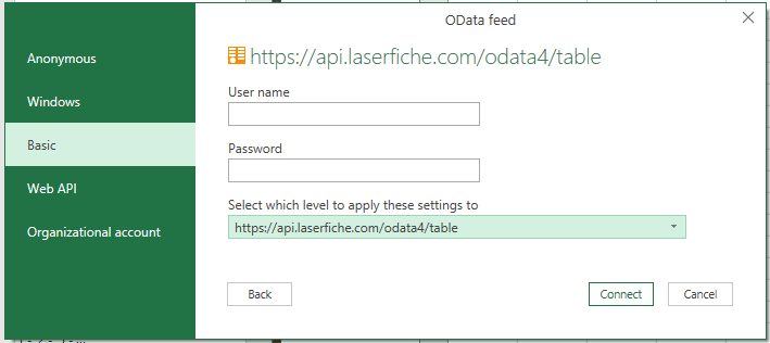 Input OData API credentials in Excel