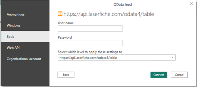 Input OData credentials in PowerBI