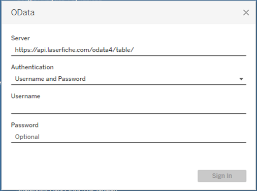 Enter OData credentials in Tableau