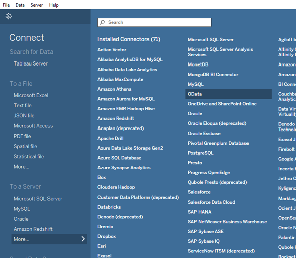 Tableau OData menu