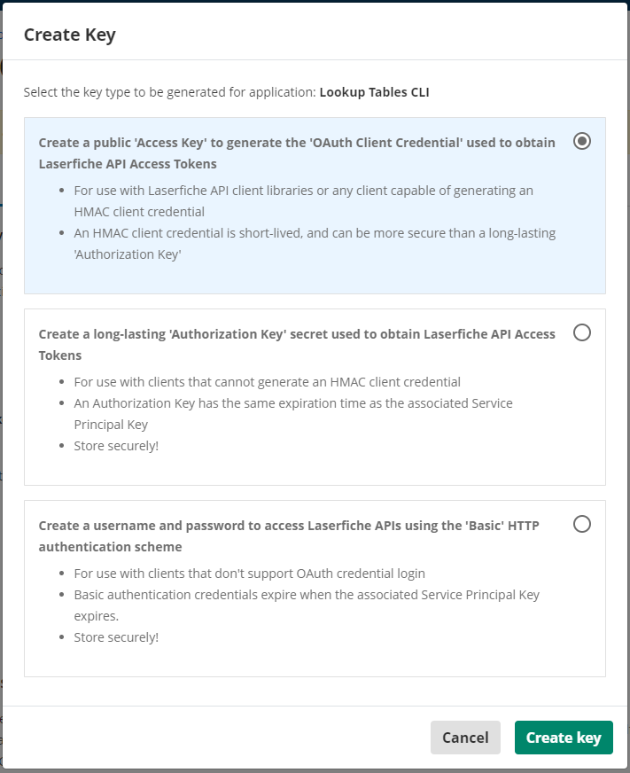 Create key in developer console